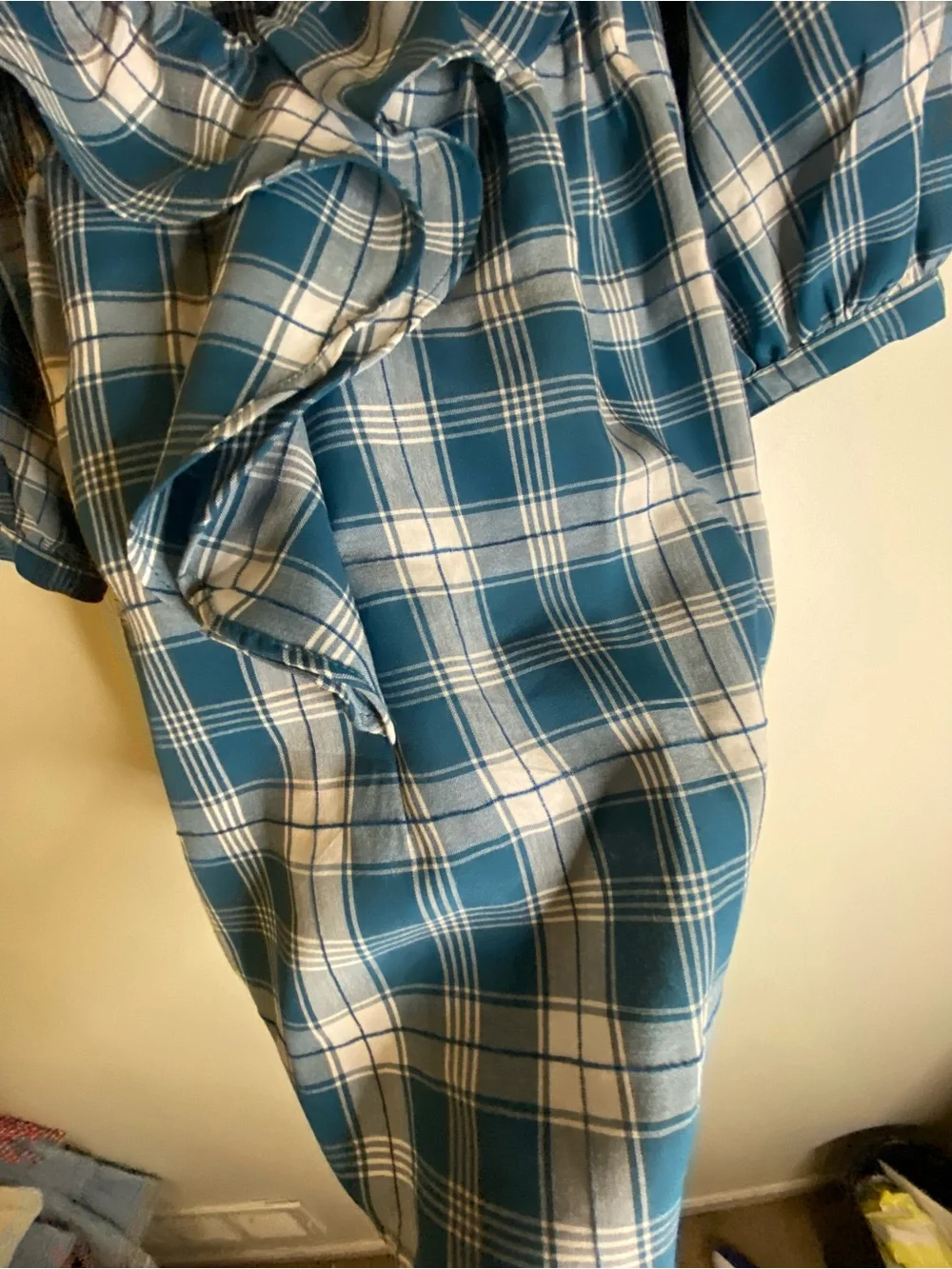 LOFT Teal and White Plaid Ruffle V-Neck Puff Sleeve Blouse